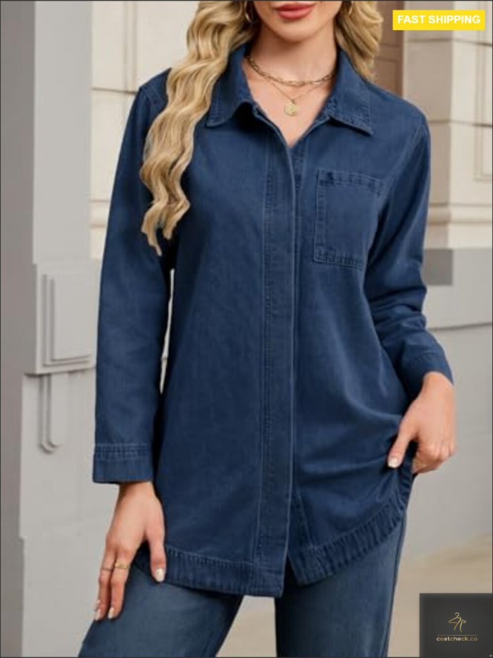 Vintage Washed Denim Jacket Oversized Long Sleeve Button Down Shacket with Tie - Picture 5 of 7